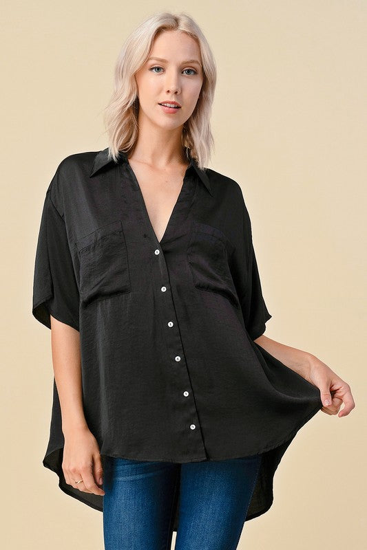 SOLID WOVEN SATIN BOXY TUNIC TOP
