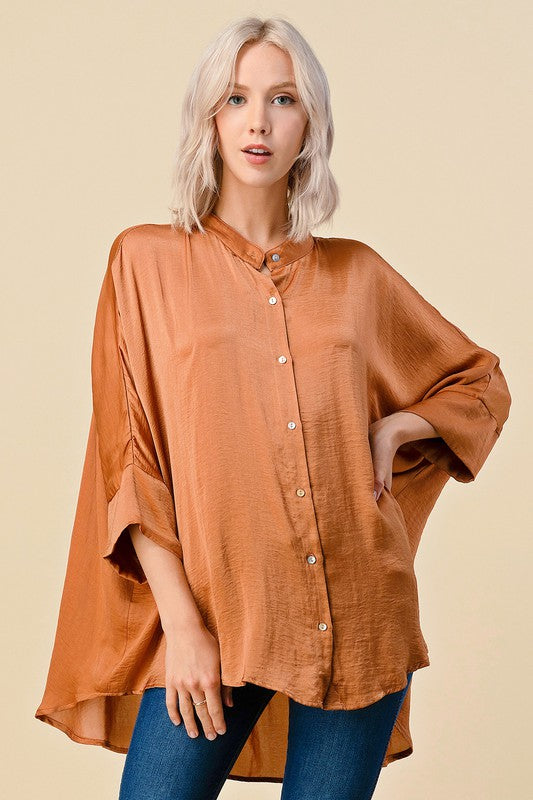 SOLID WOVEN SATIN OVERSIZED BOXY TUNIC TOP