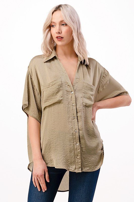SOLID WOVEN SATIN BOXY TUNIC TOP
