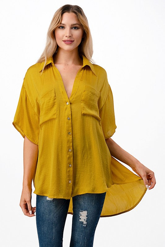 SOLID WOVEN SATIN BOXY TUNIC TOP