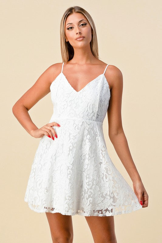 SOLID V NECK SLEEVLESS LACE DRESS