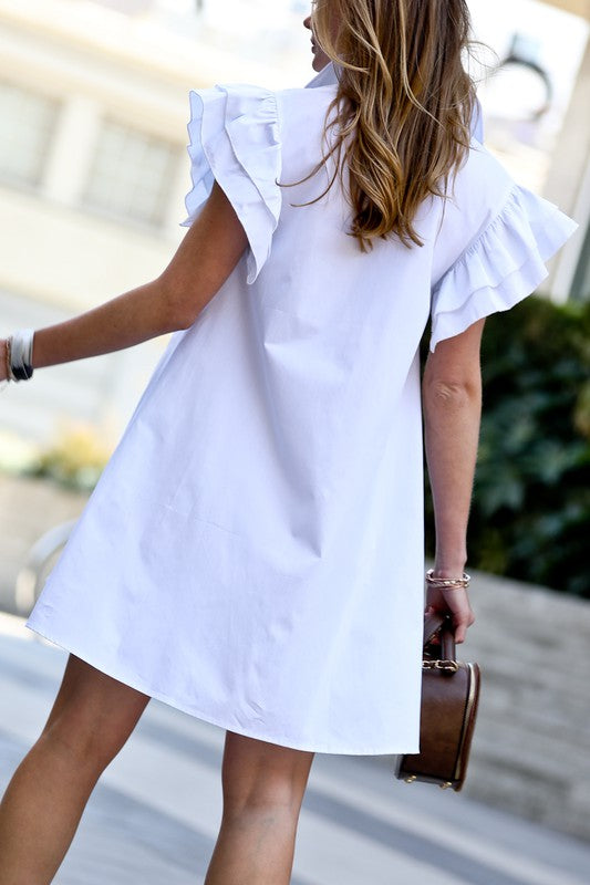 Ruffle shoulder cap details button down dress
