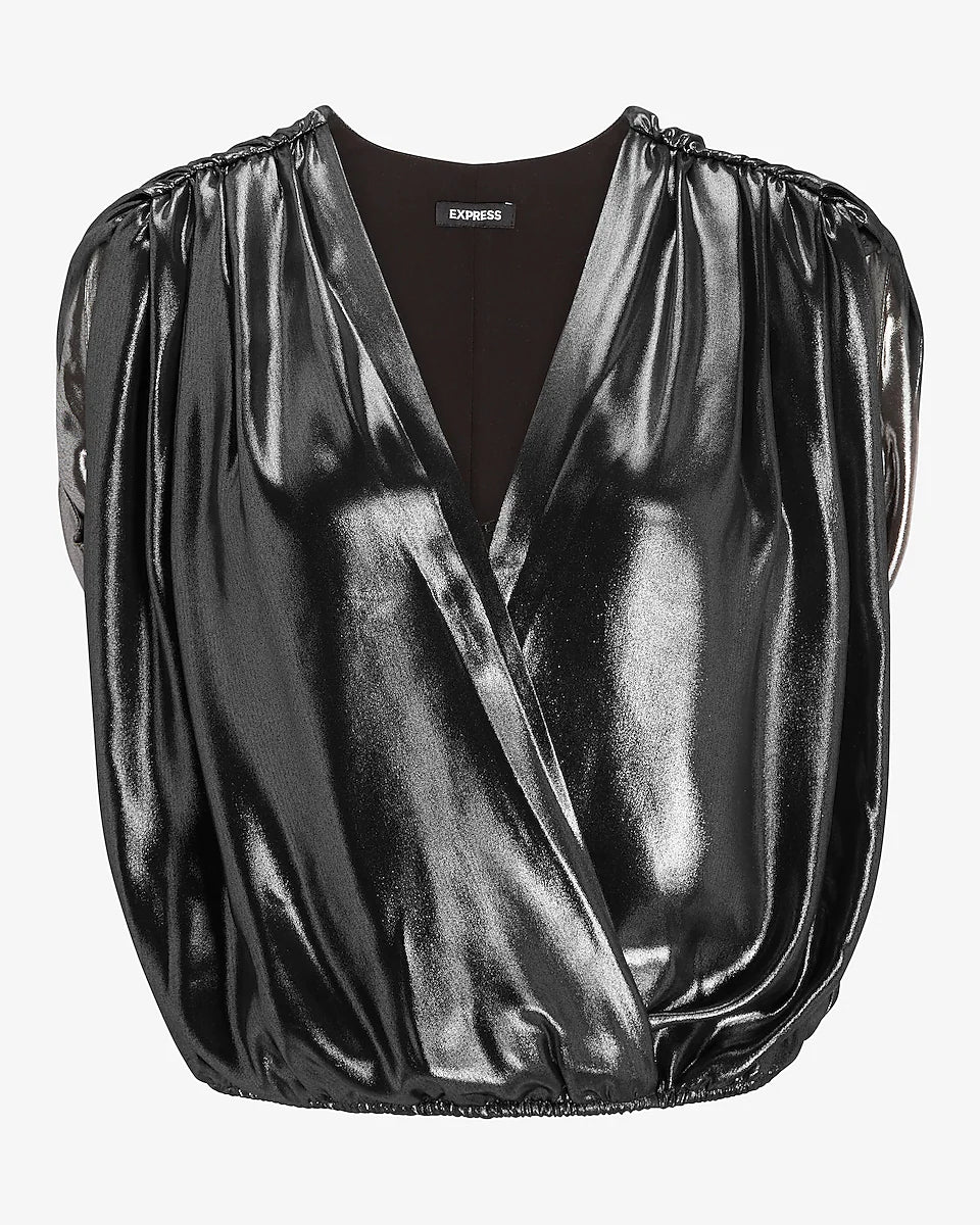Metallic Foil Strong Shoulder Wrap Front Top