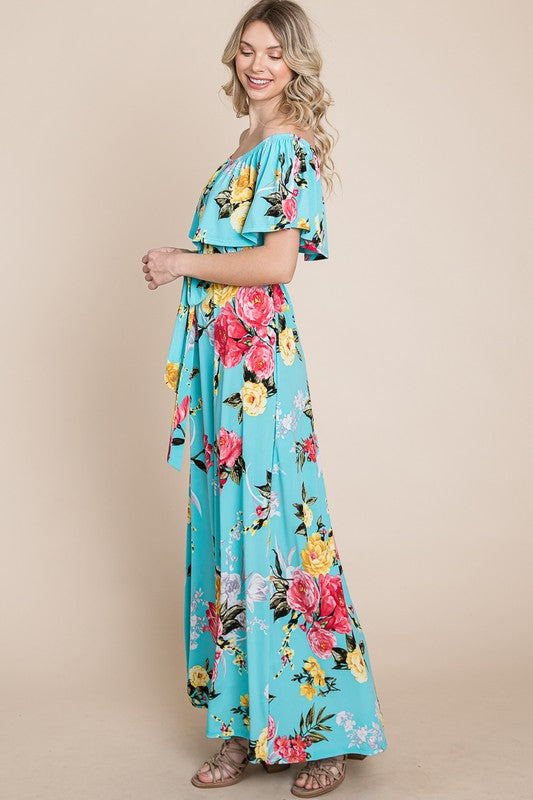 Floral off Shoulder Ruffle Hem Maxi Dress