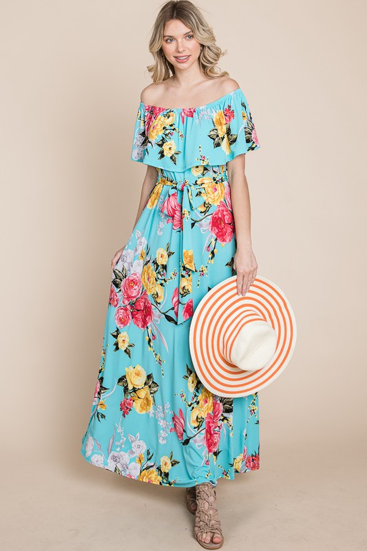 Floral off Shoulder Ruffle Hem Maxi Dress