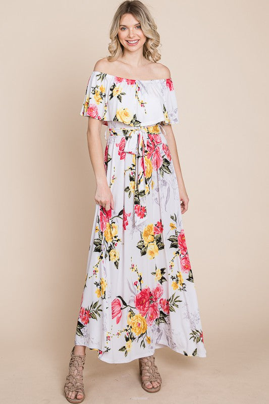 Floral off Shoulder Ruffle Hem Maxi Dress