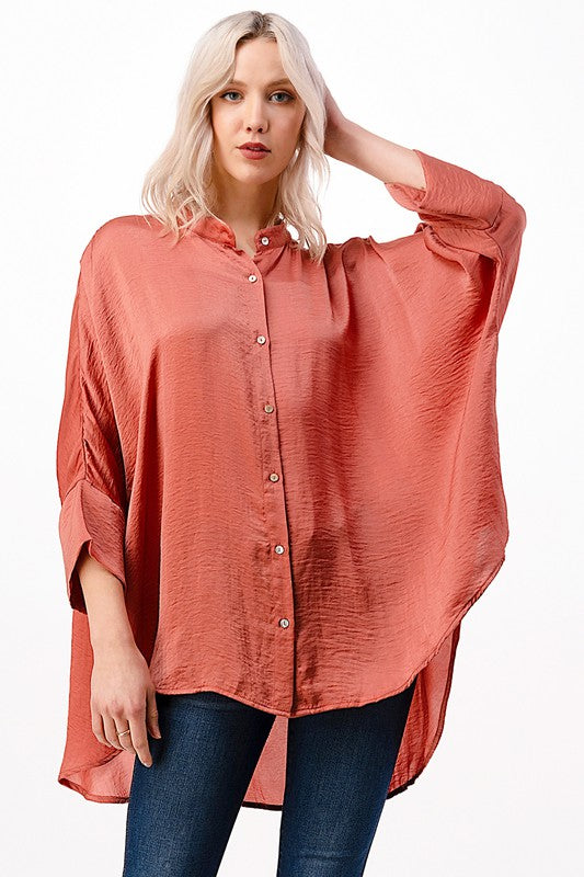 SOLID WOVEN SATIN OVERSIZED BOXY TUNIC TOP
