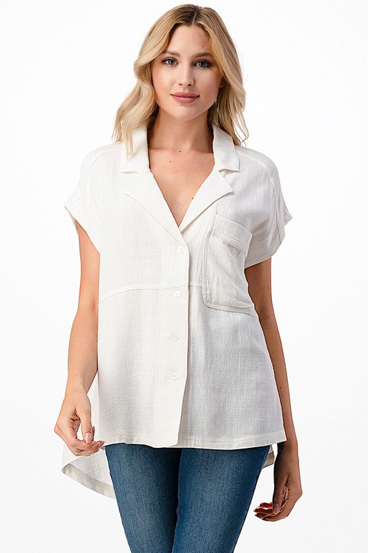 COTTON LINEN BUTTON DOWN BOXY TOP