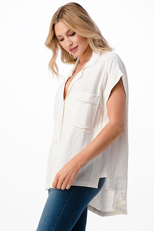 COTTON LINEN BUTTON DOWN BOXY TOP