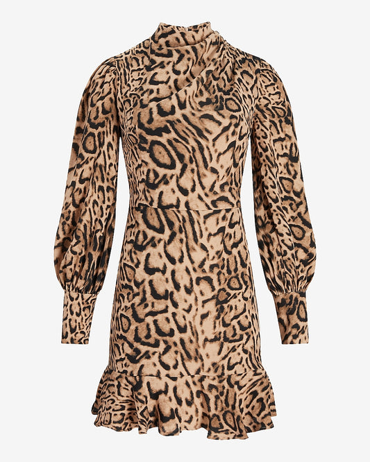 Leopardo Print Draped Mock Neck Mini dress