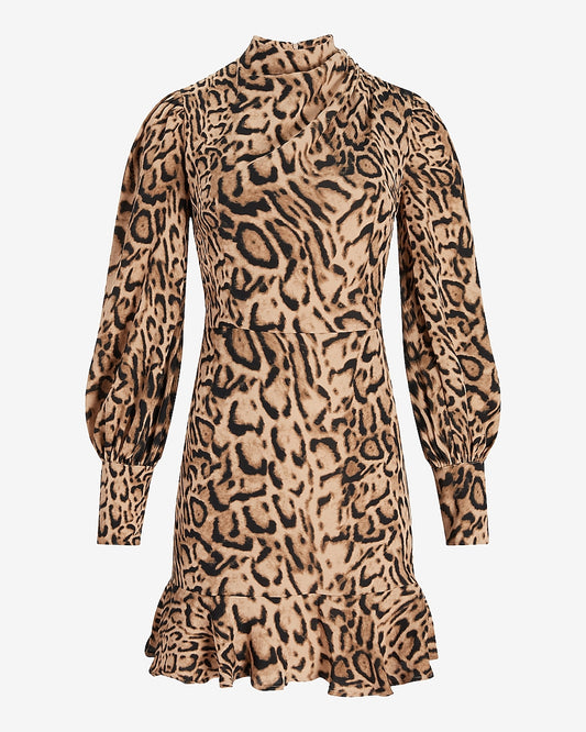 Leopardo Print Draped Mock Neck Mini dress